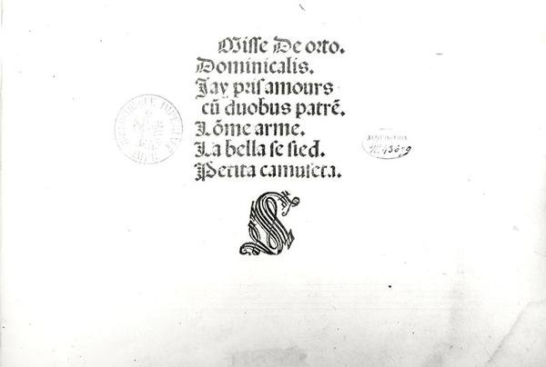 Title page from a public mass performed in Venice printed by Ottaviano Petrucci by Marbriano de Orto