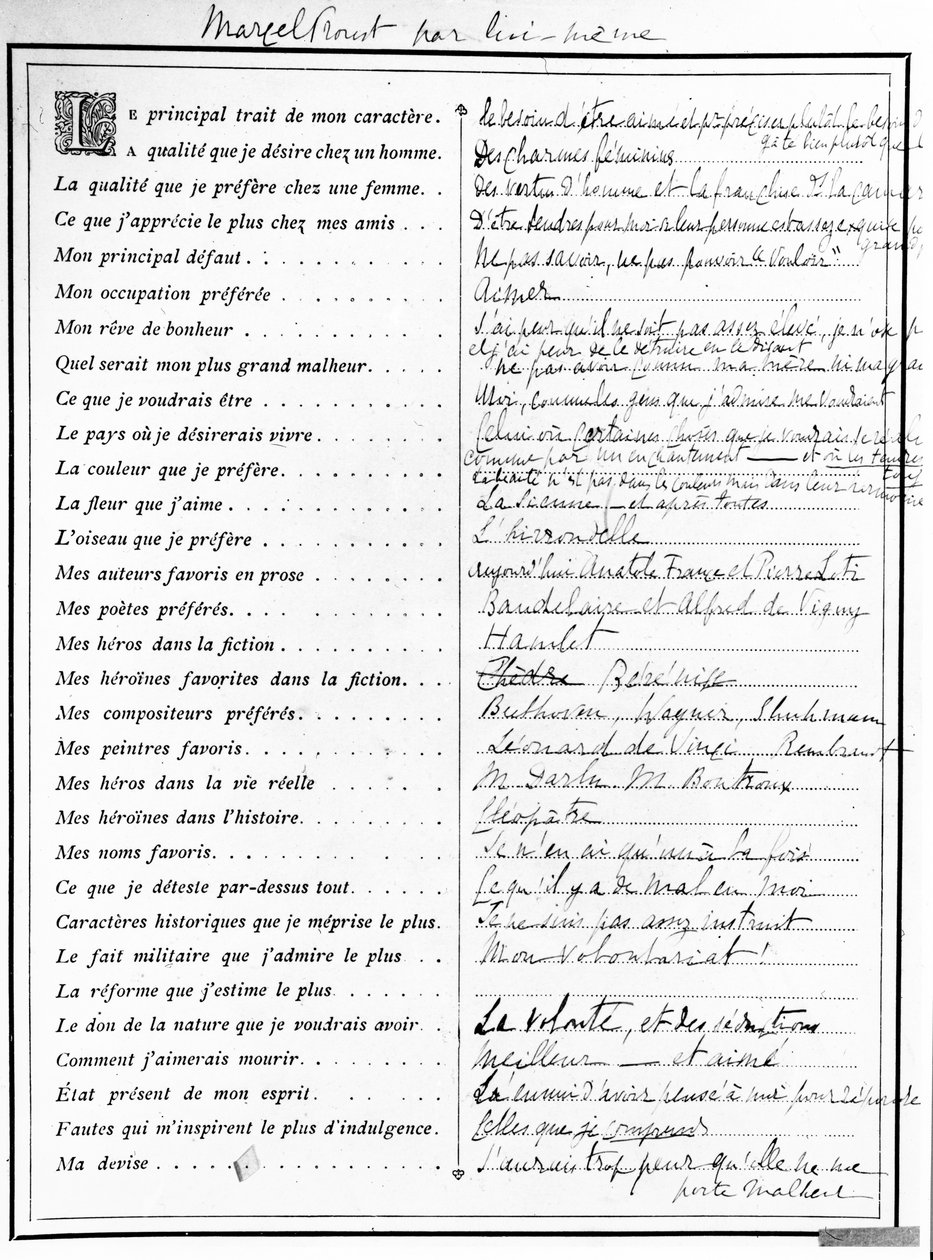 Questionnaire completed by Marcel Proust, 1890 by Marcel Proust