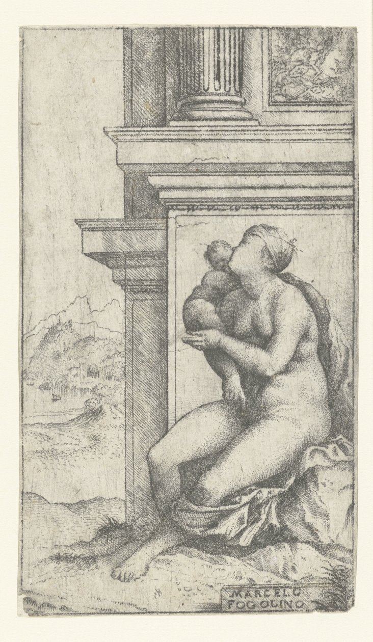 Woman with Child Sitting by Classical Building by Marcello Fogolino