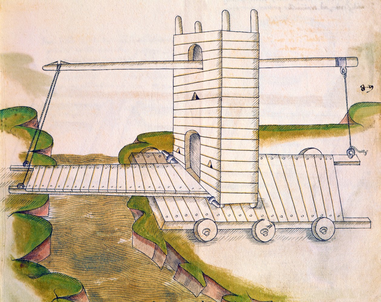 Design for a Machine with Drawbridge on Wheels for Use in Warfare or Sieges, Illustration from De Machinis by Mariano di Jacopo 1382 c.1453 after Mariano di Jacopo 1382 c.1453 after
