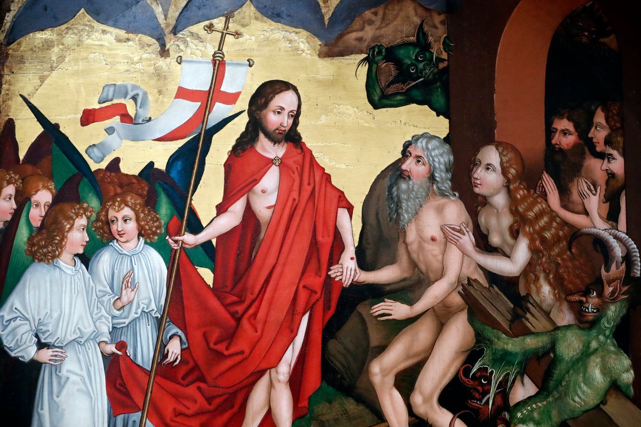 Jesus Pulls Adam and Eve Out of Their Graves at Resurrection by Martin Schongauer