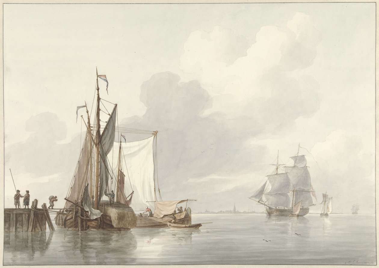 River View with Moored Ships by Martinus Schouman