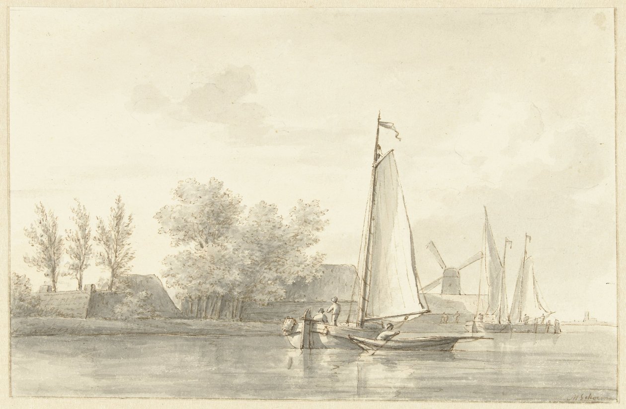 River View with Sailboat and Rowboat by Martinus Schouman