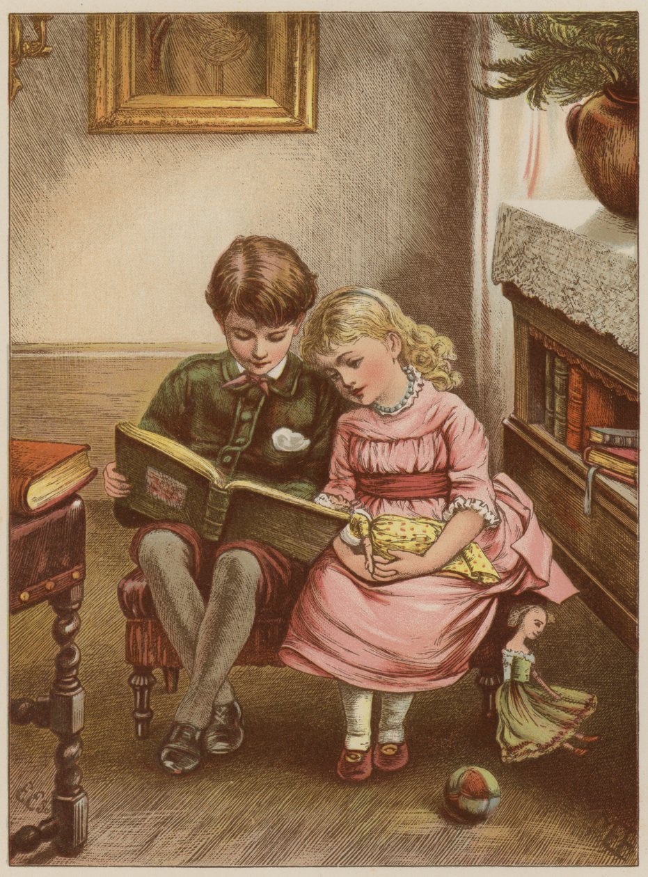 Boy and girl reading book by Mary Ellen Edwards