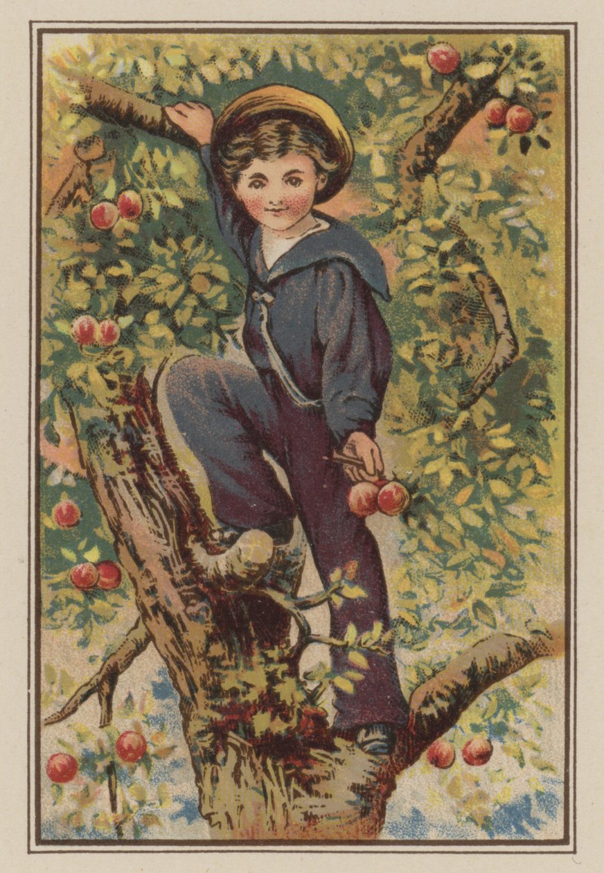 Boy climbing apple tree by Mary Ellen Edwards