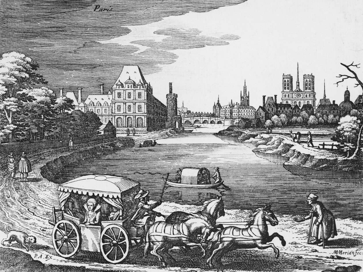 View of the Louvre and the Tuileries with a Stage Coach in the Foreground by Mattaus the Younger Merian