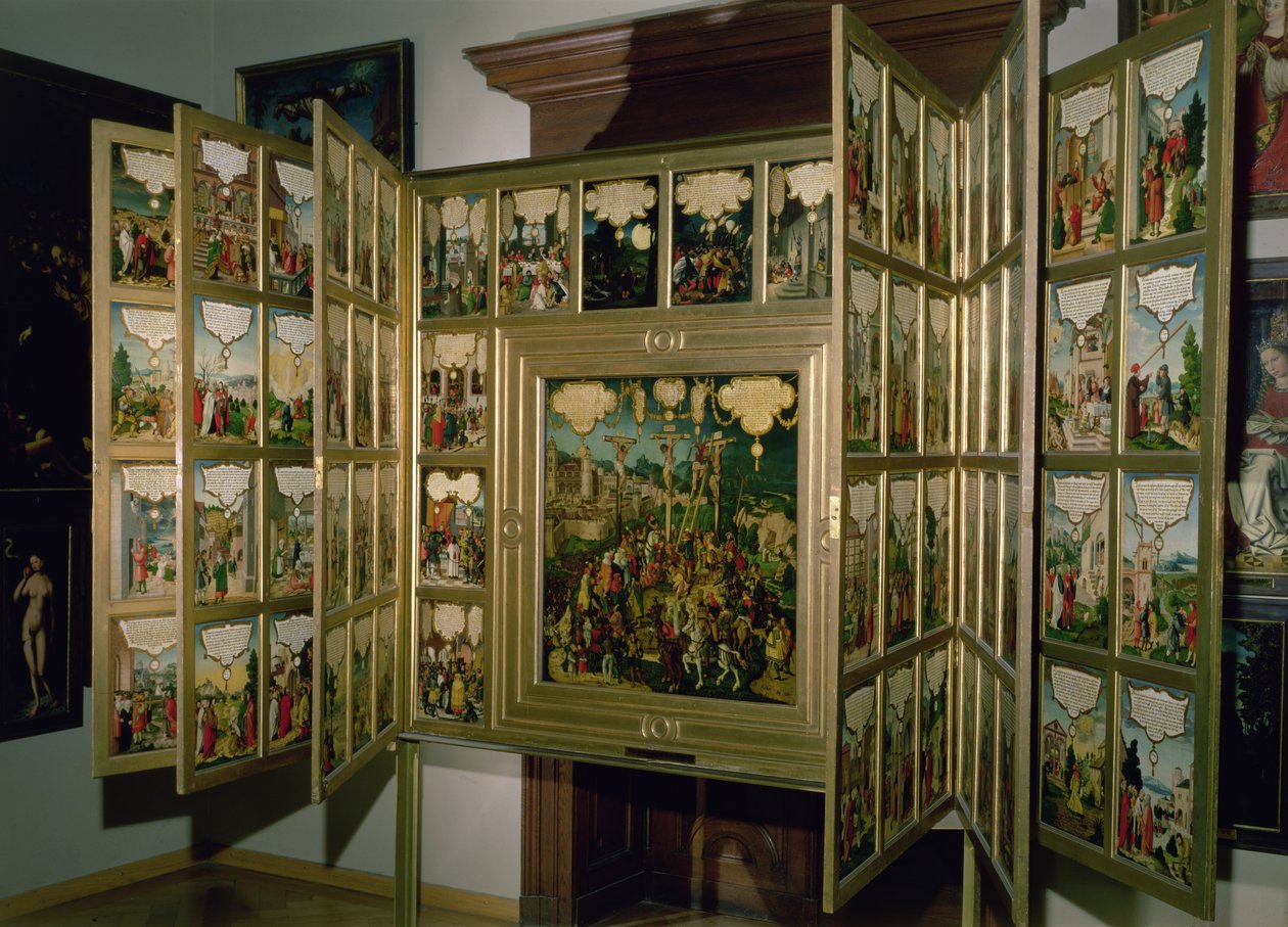 Mompelgarter Altarpiece, with central panel and six hinged side panels, all depicting scenes from the New Testament by Matthias Gerung or Gerou