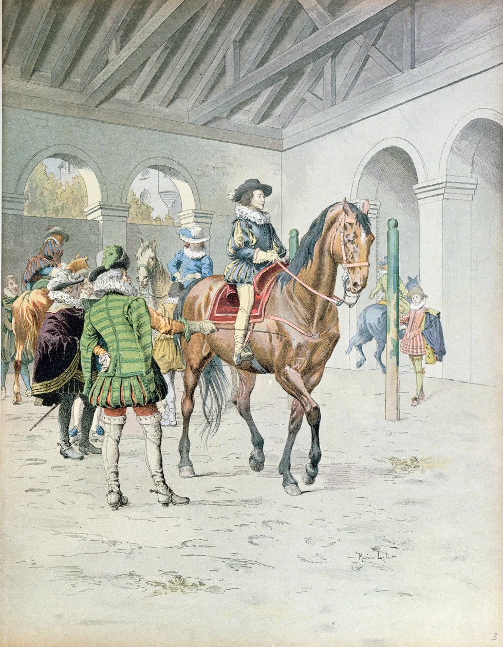 Armand-Jean du Plessis, Cardinal Richelieu learning to ride a horse, illustration from a life of Richelieu by Theodore Camu by Maurice Leloir