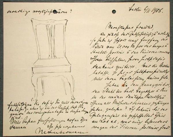 Artists notes and sketch of a chair by Max Liebermann