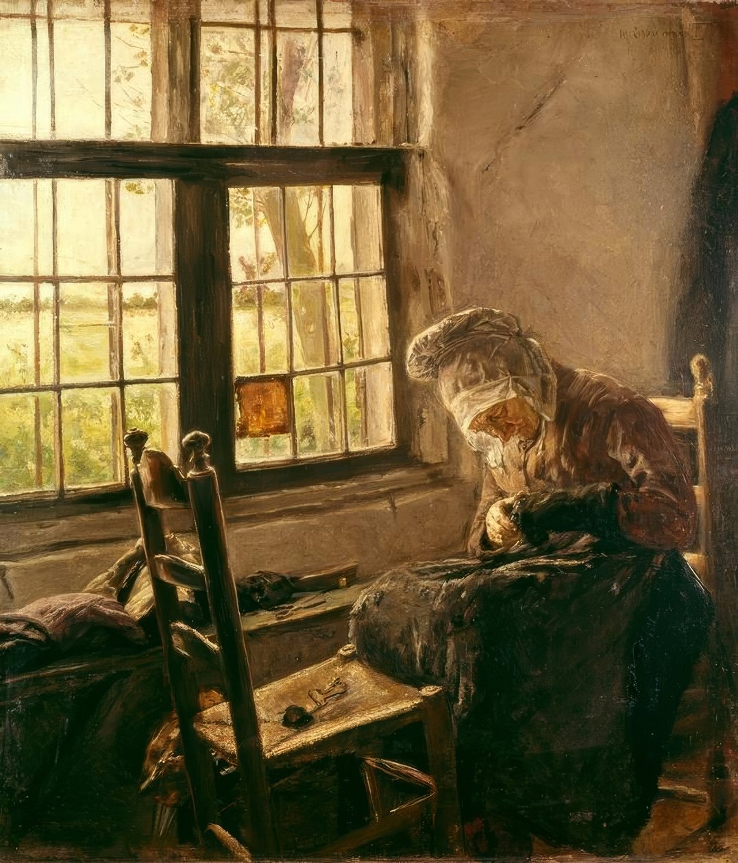 Old Woman Darning at the Window by Max Liebermann