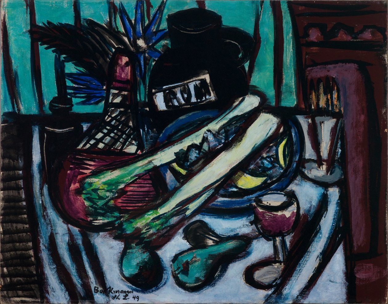 Still Life with Chianti Bottle and Celery by Max Beckmann