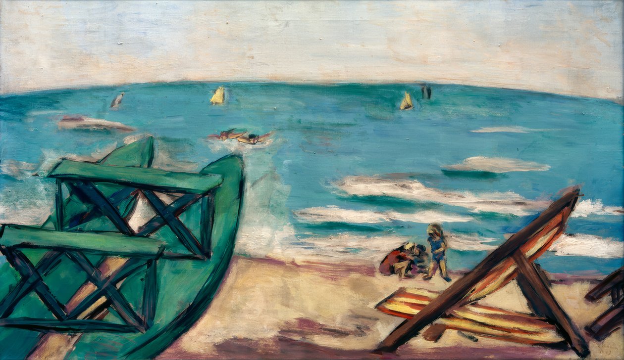 Beach with Boat and Deck Chair by Max Beckmann