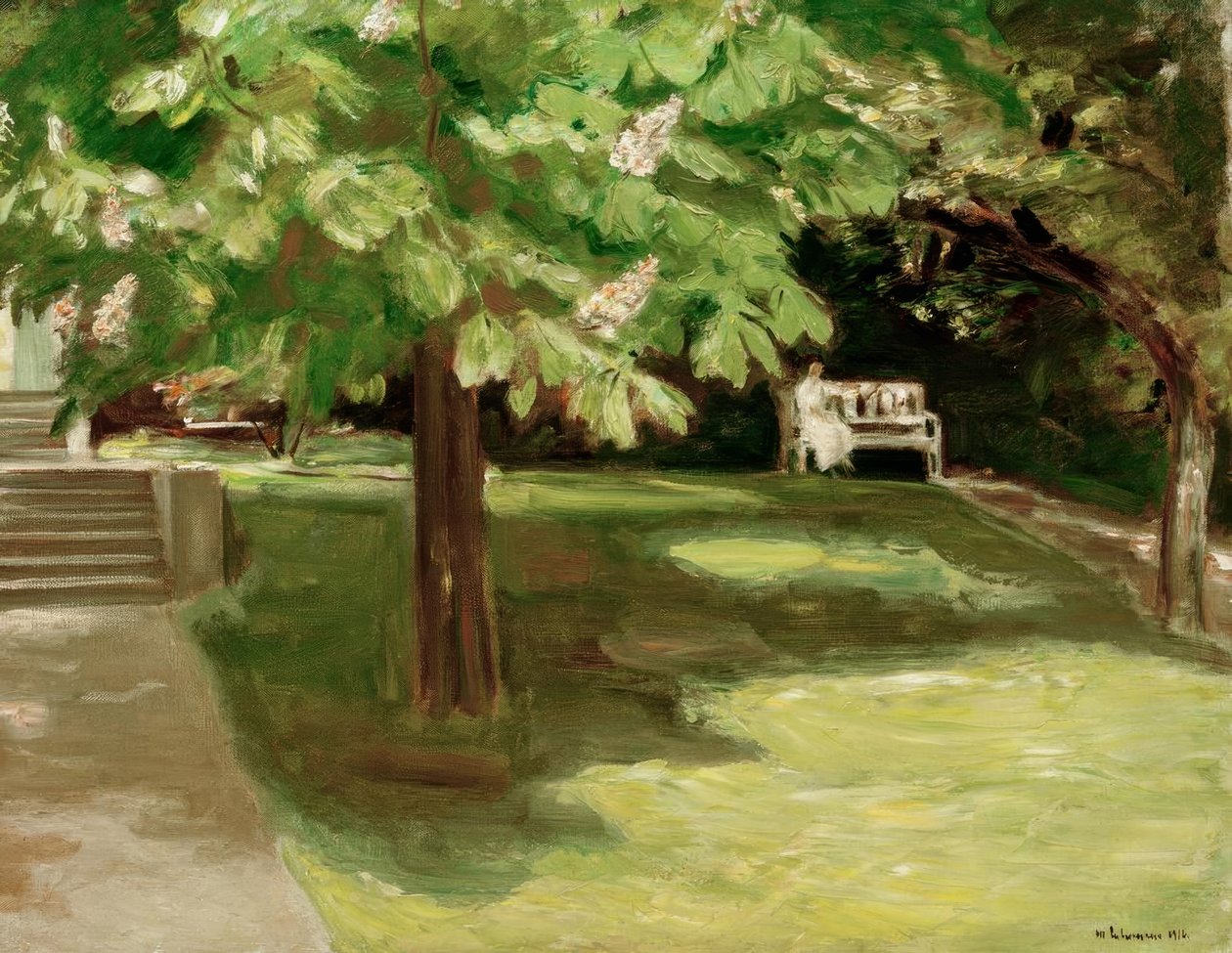 Garden Bench under the Chestnut Tree - Blooming Chestnuts by Max Liebermann