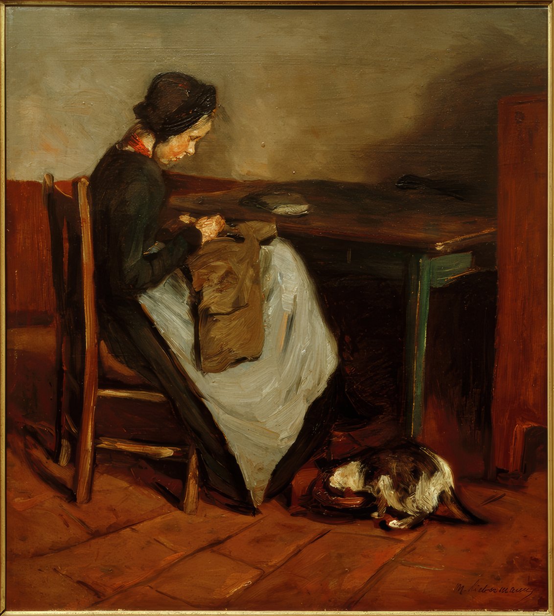 Sewing Girl with Cat - Dutch Interior by Max Liebermann