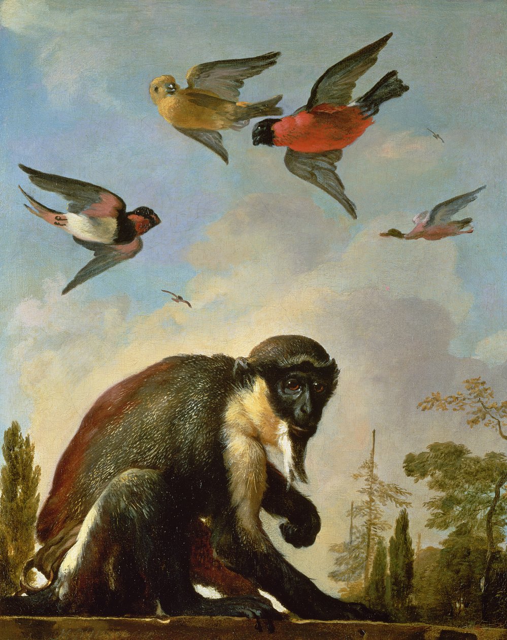 Chained monkey in a landscape by Melchior de Hondecoeter