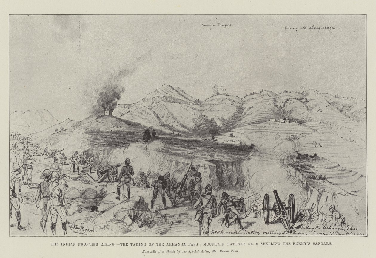 The Indian Frontier Rising, the Taking of the Arhanga Pass, Mountain Battery No 8 shelling the Enemy