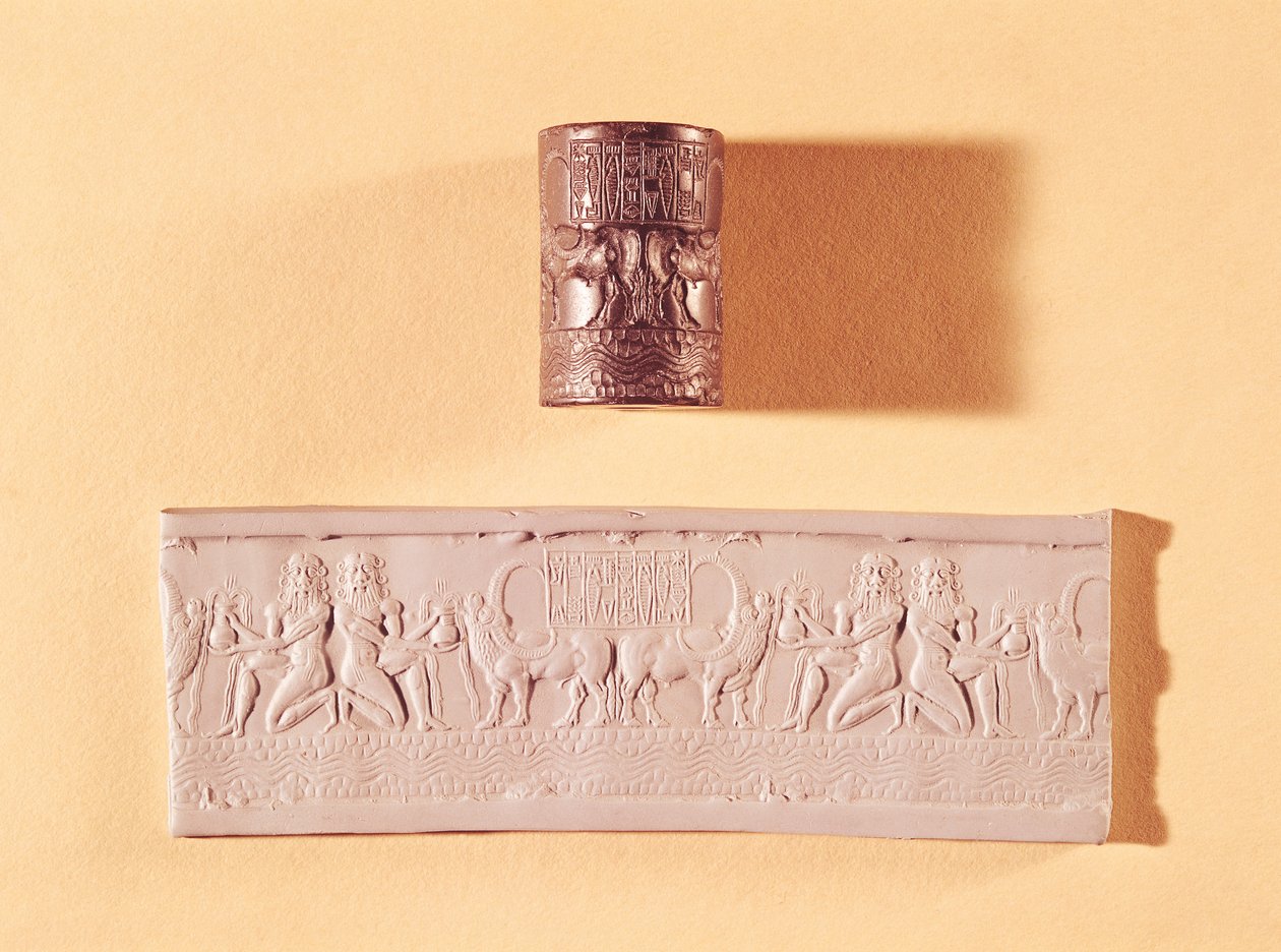 Akkadian Cylinder Seal and Impression of Shar-kali-sharri (c.2217-c.2193 BC) King of Akkad, Mesopotamia, c.2340-2100 BC by Mesopotamian