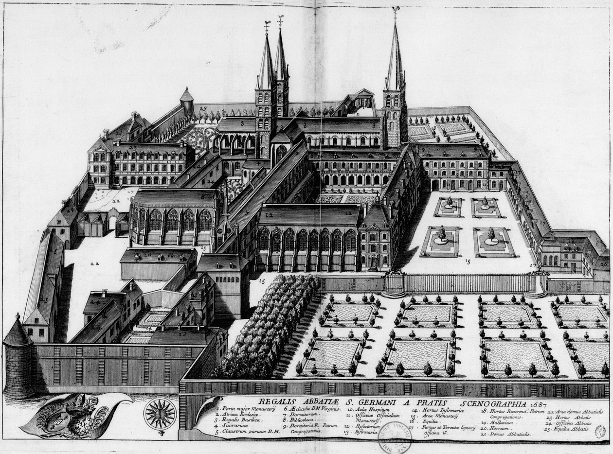Plate from 1687, showing the abbey of St. Germain des Prés in Paris by Michel Germain