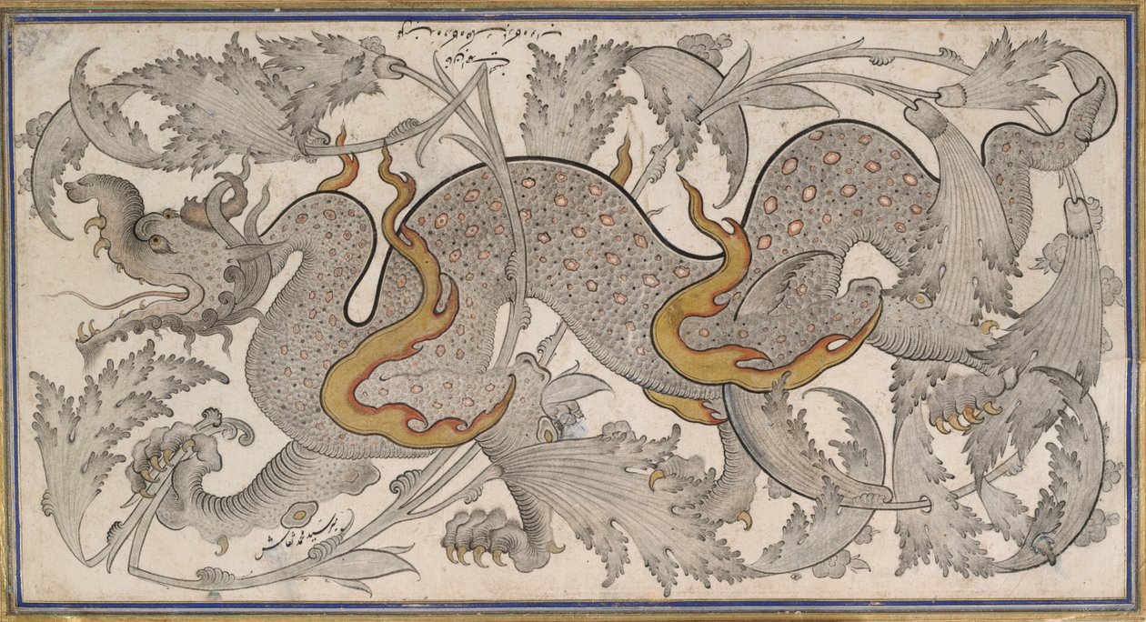 Dragon in Foliage (drawing, recto); Calligraphy, (verso) by Mir Sayyid Muhammad Naqqash