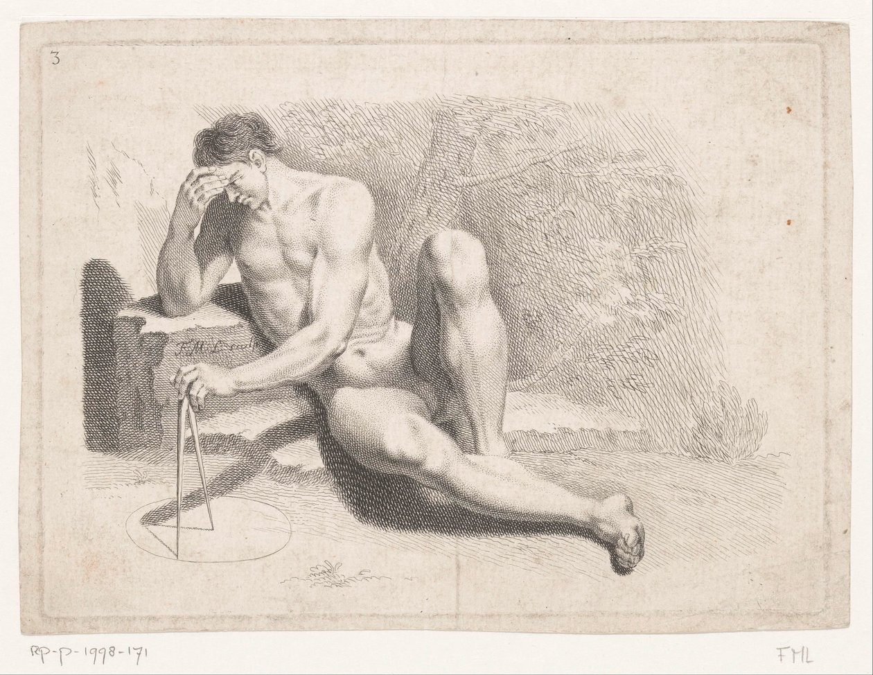 Seated Naked Man with Compass by Monogrammist FML (prentmaker)