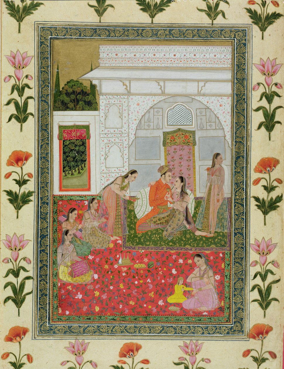 Couple with Female Attendants and Musicians, from the Small Clive Album by Mughal School