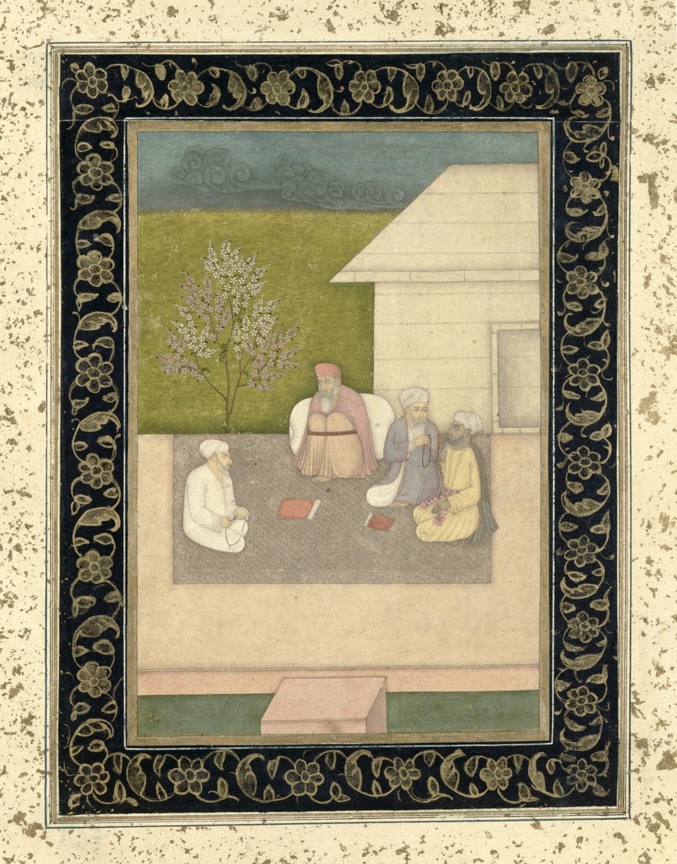 Four Muslim holy men seated in meditation outside a hut, from the Large Clive Album by Mughal School