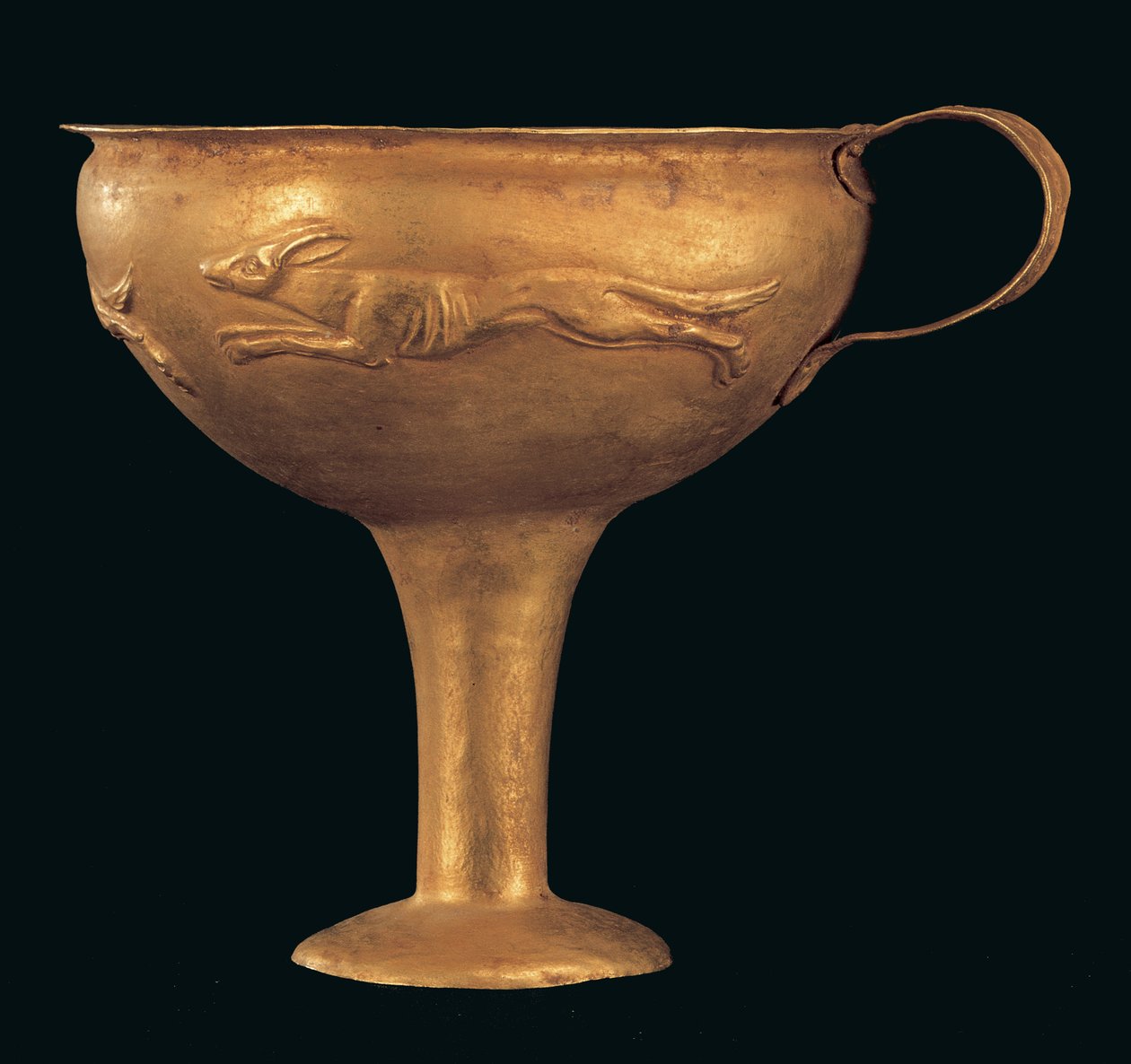 One-Handled Kylix with Repousse Decoration Depicting a Dog Hunt, Late Helladic IIB-IIIA 1 Period by Mycenaean