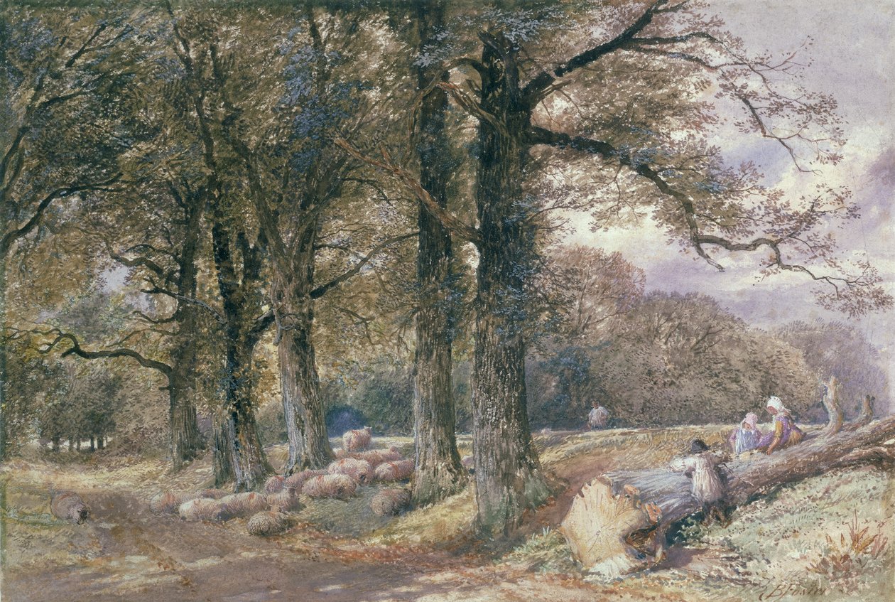 Children Sitting on Tree Trunk by Myles Birket Foster