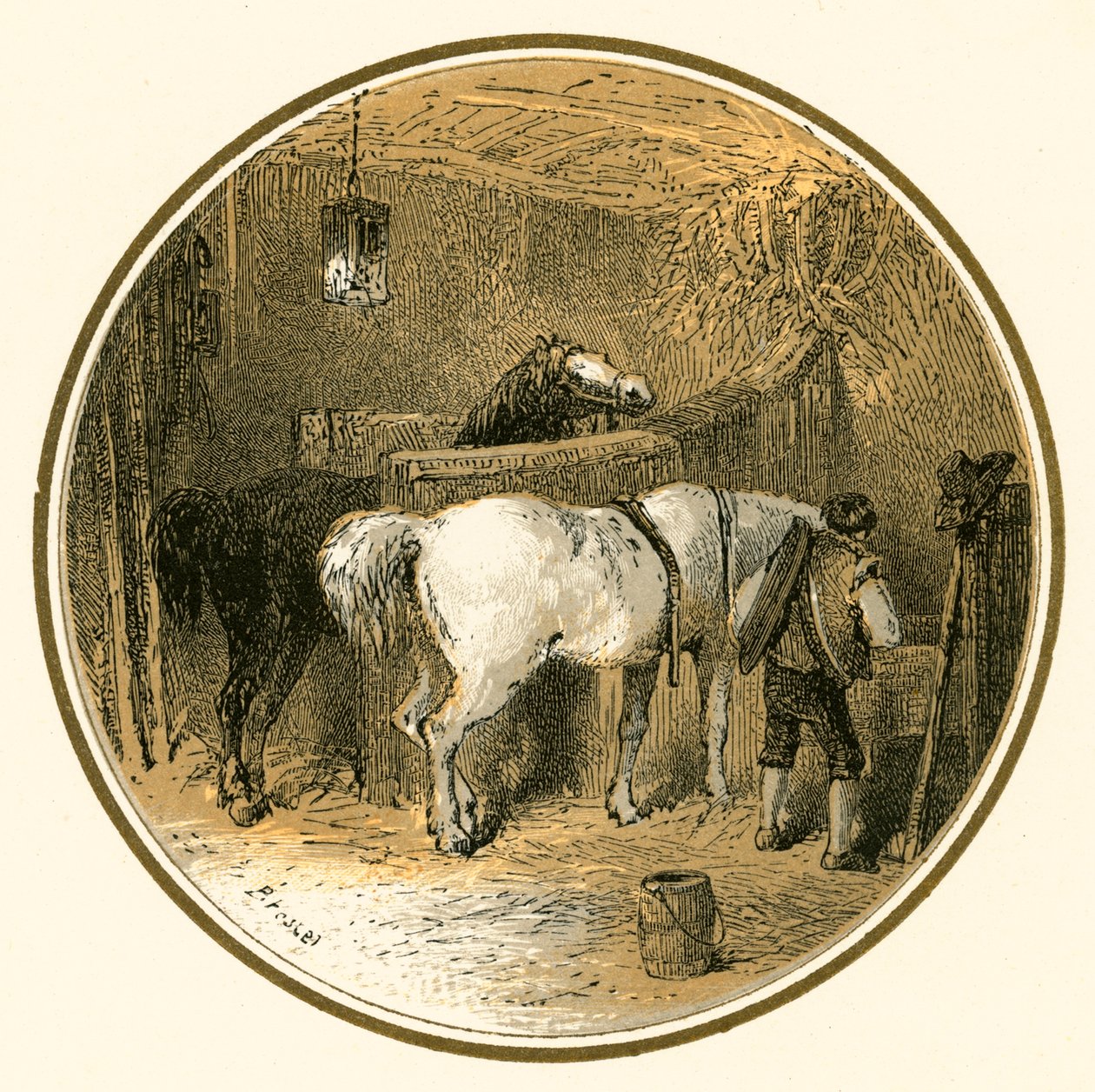 Horses in the stable by Myles Birket Foster