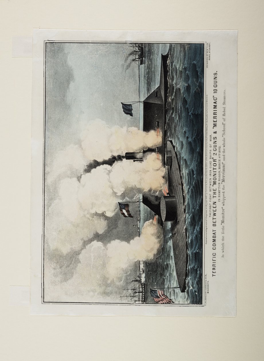 Terrific Combat between the Monitor Two Guns and Merrimac Ten Guns, c.1862 by N. and Ives, J.M. Currier