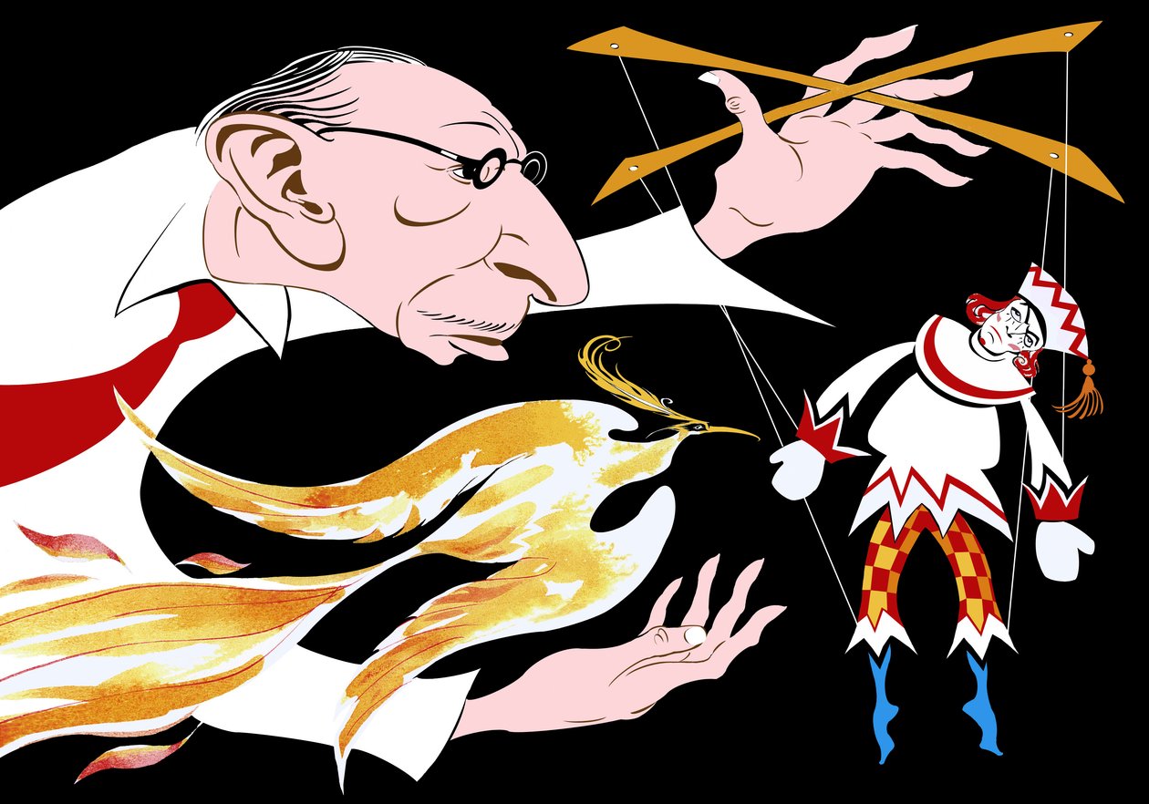 Igor Stravinsky - caricature of the Russian composer with a firebird and Petrushka from his ballet The Firebird by Neale Osborne