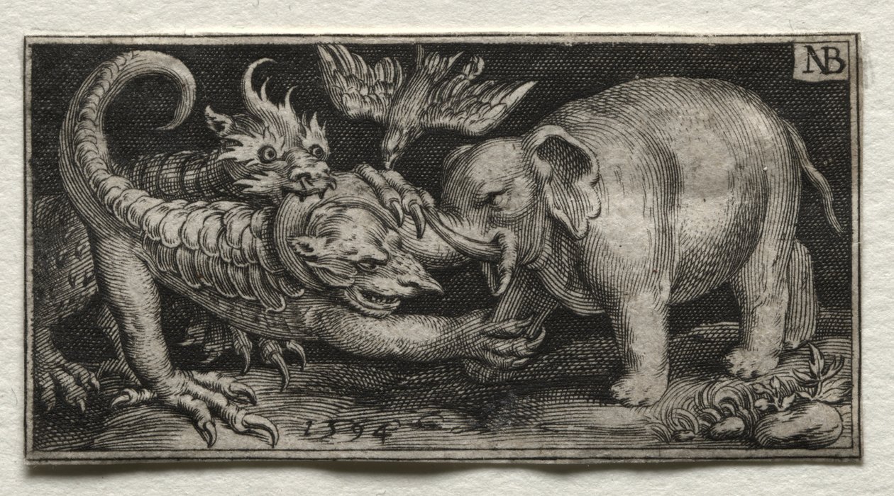 Elephant Fighting Two Beasts by Nicolaes de Bruyn