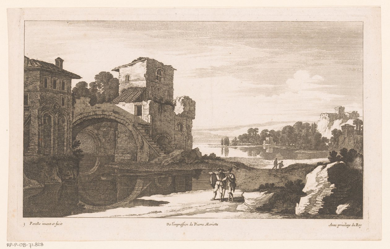 River Landscape with Ruin and Arch Bridge by Nicolas Perelle
