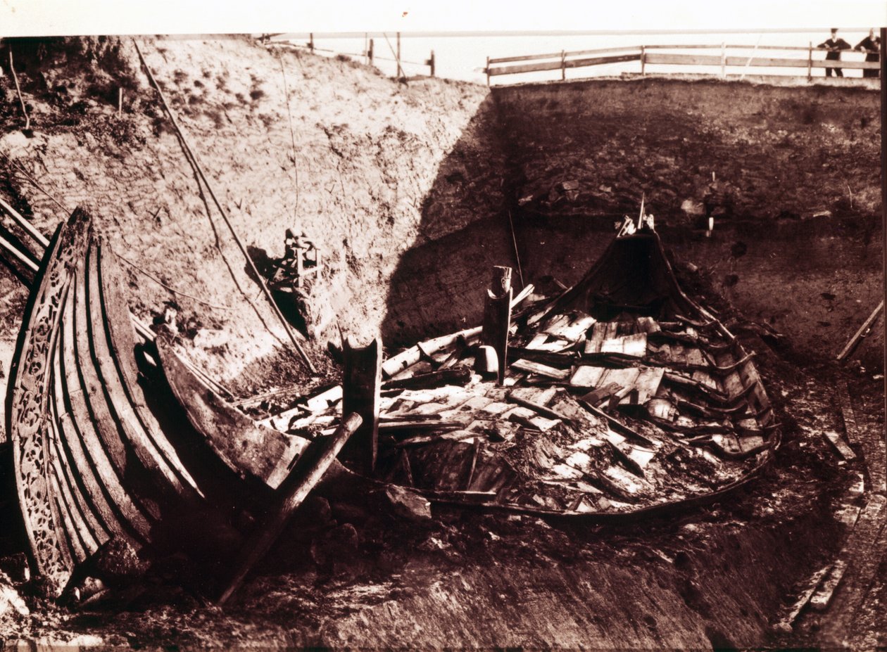 Excavation of the Oseberg Viking longship 9th century discovered in Norway, 1904 by Norwegian Photographer