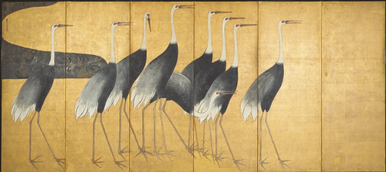 Six-Panel Screen Depicting Cranes, Edo Period by Ogata Korin