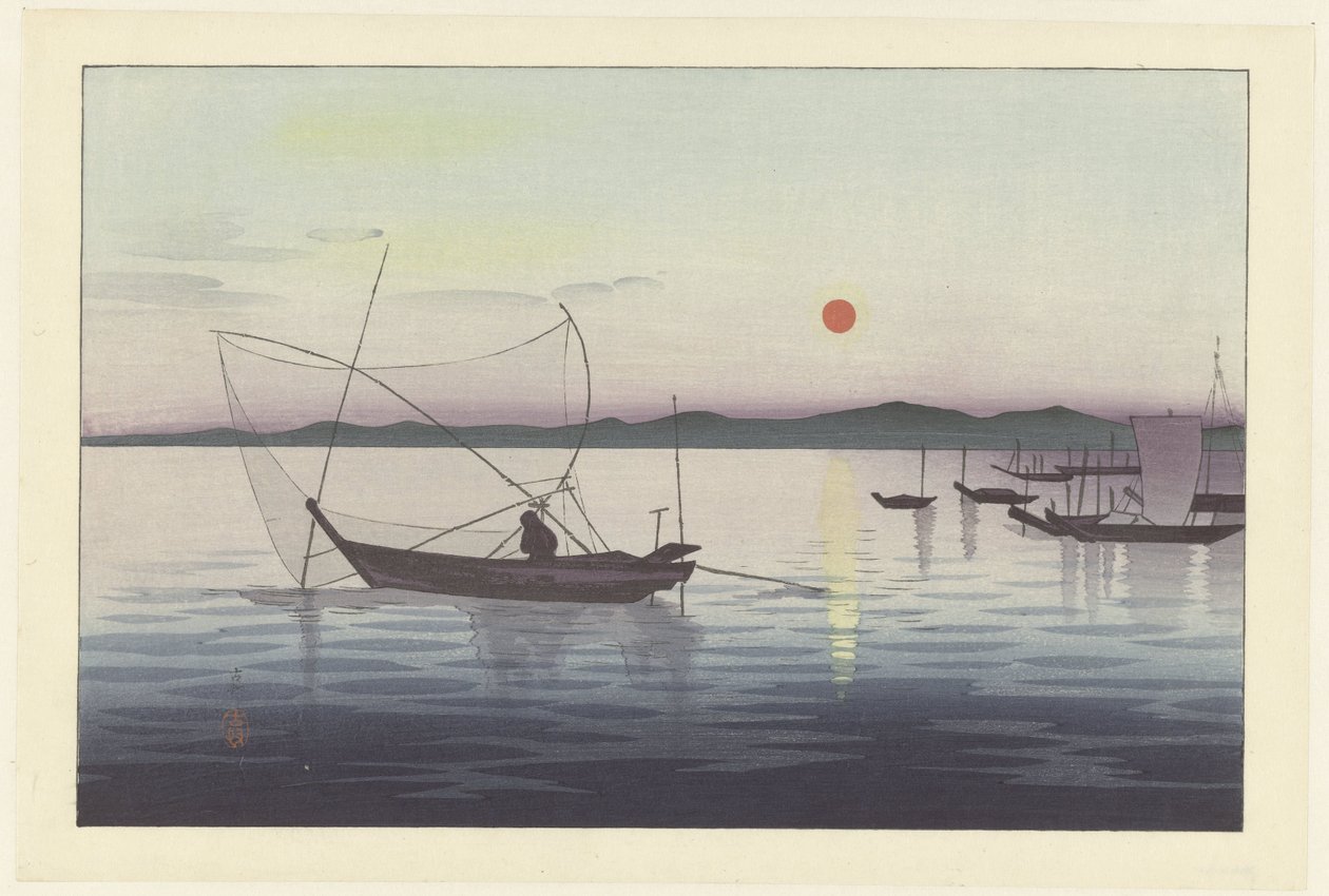 Boats and Setting Sun by Ohara Koson