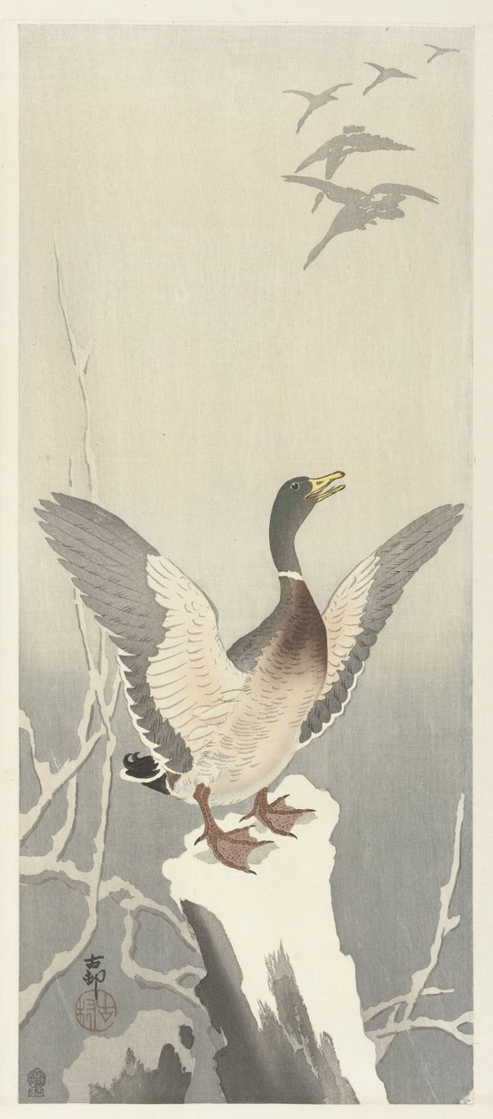 Duck on Snowy Tree Stump by Ohara Koson