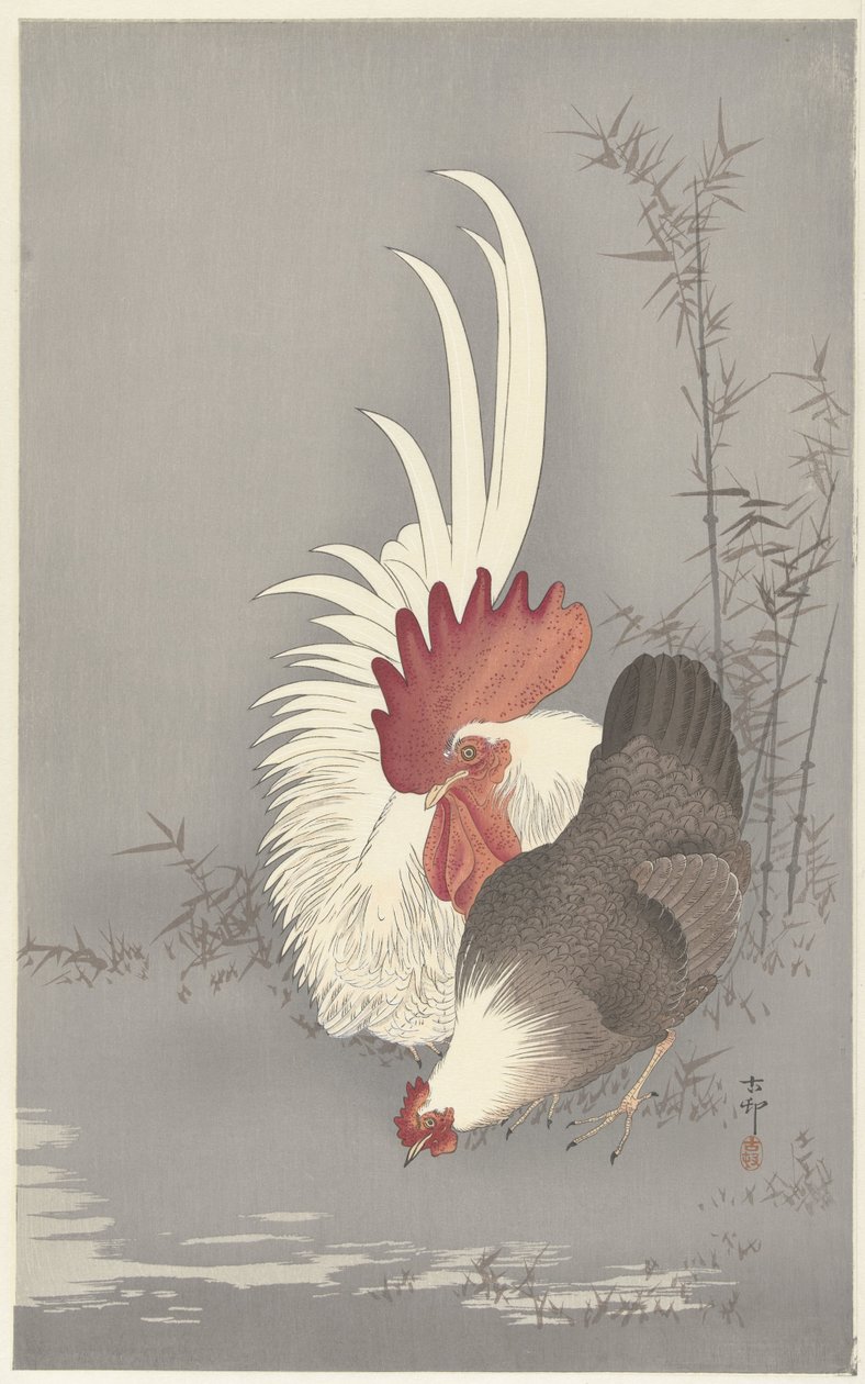 Rooster and Hen by Ohara Koson