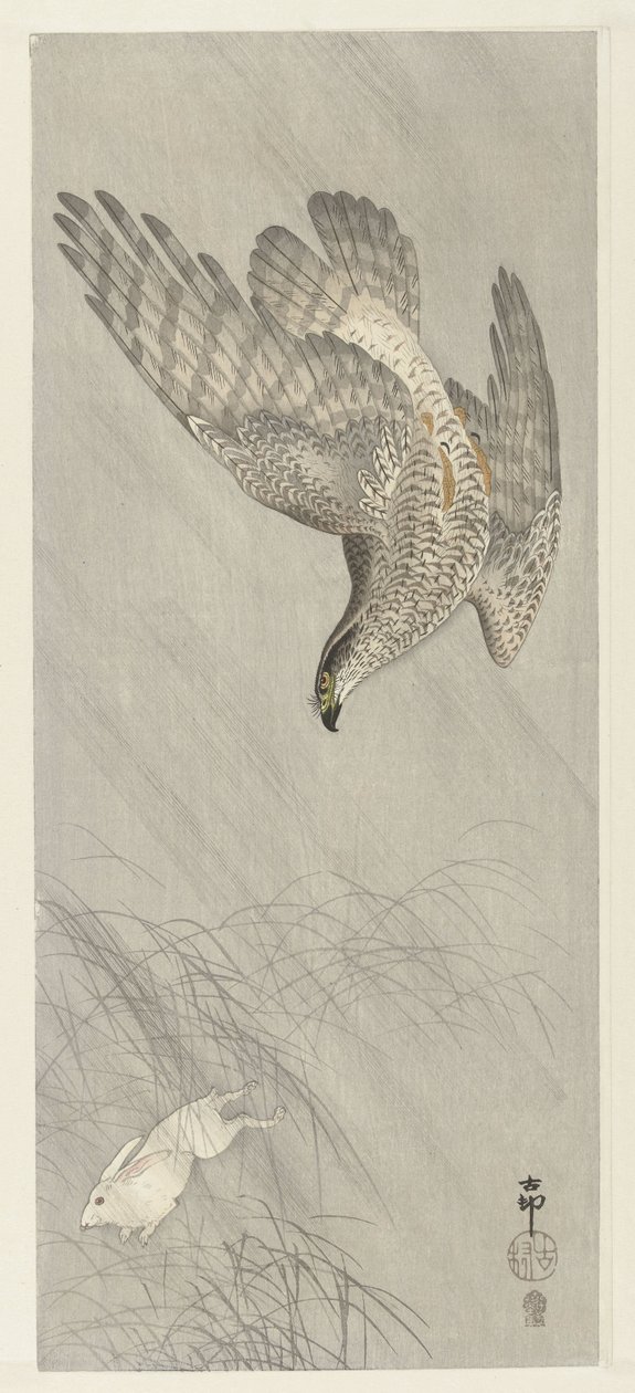 Hawk Hunting Hare by Ohara Koson
