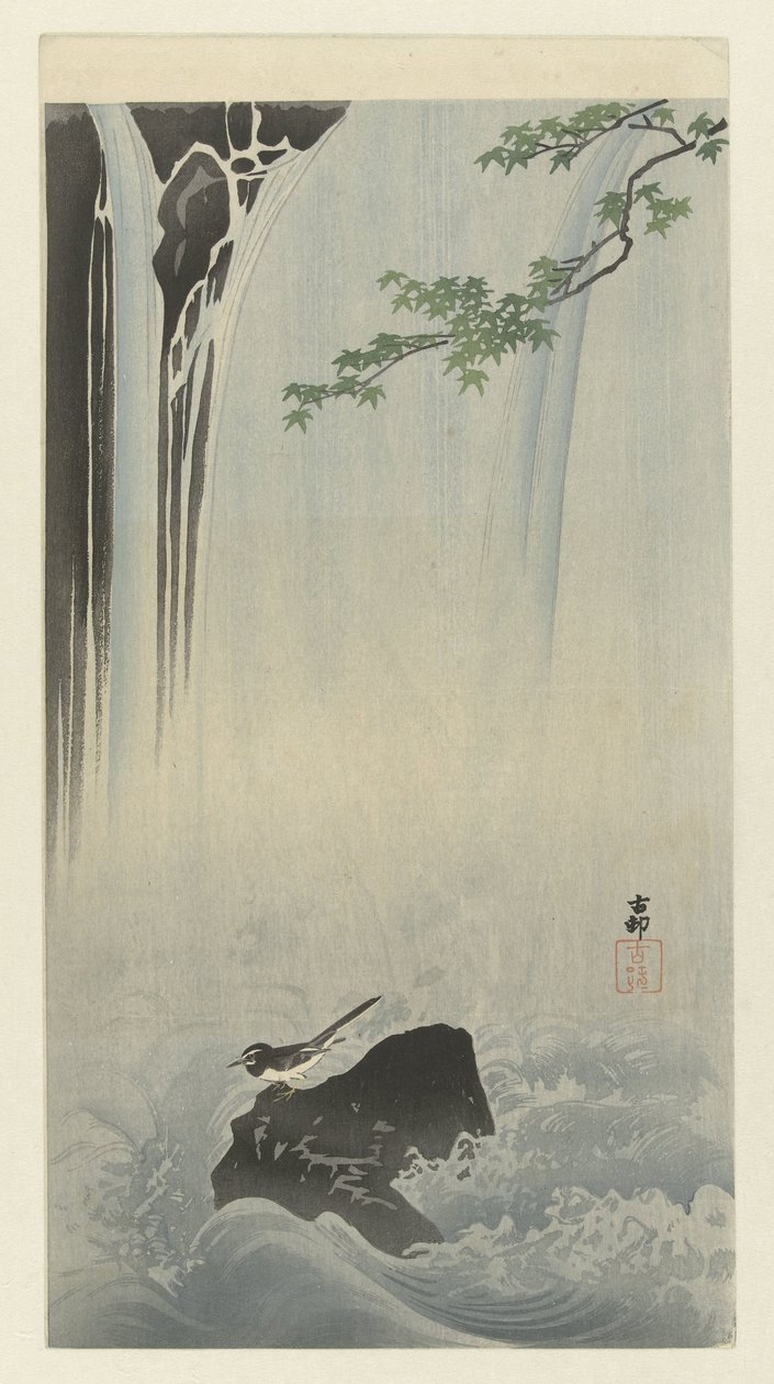 Japanese Wagtail by Waterfall by Ohara Koson