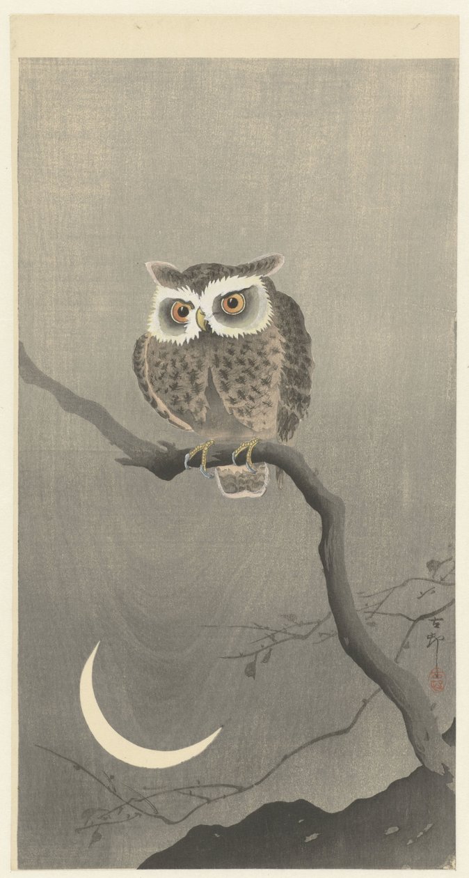 Long-eared Owl on Bare Tree Branch by Ohara Koson