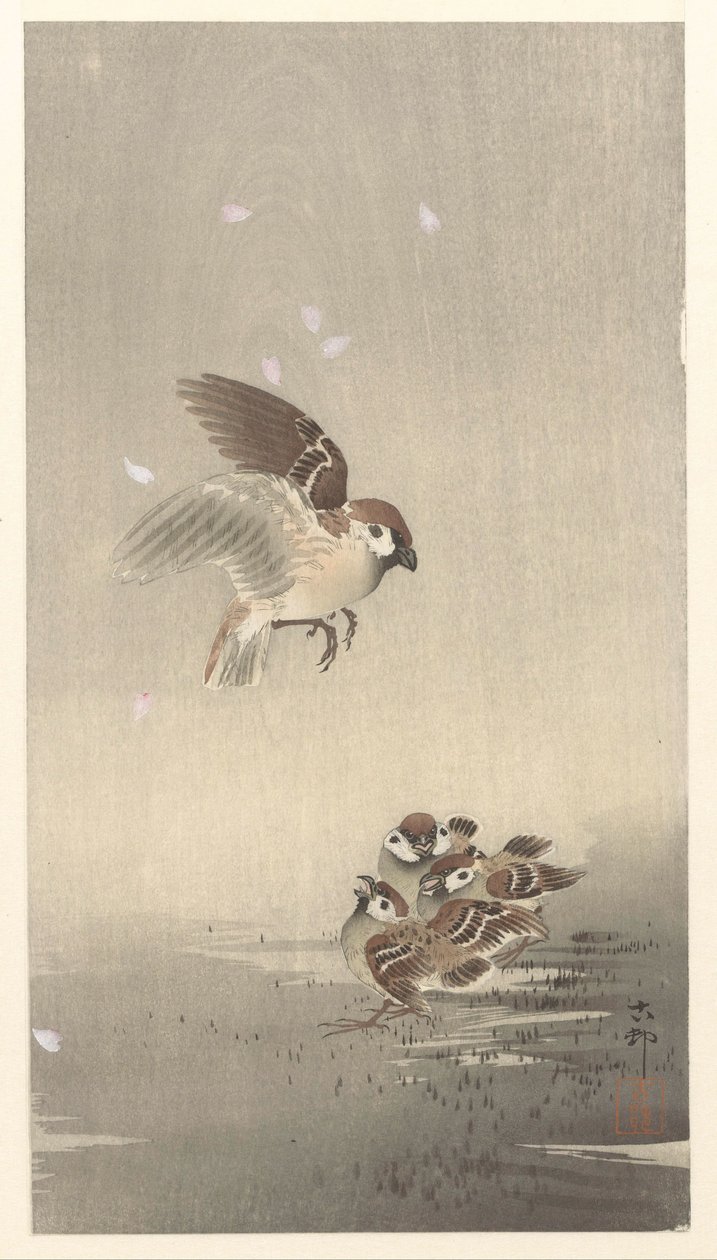 Tree Sparrow with Young by Ohara Koson