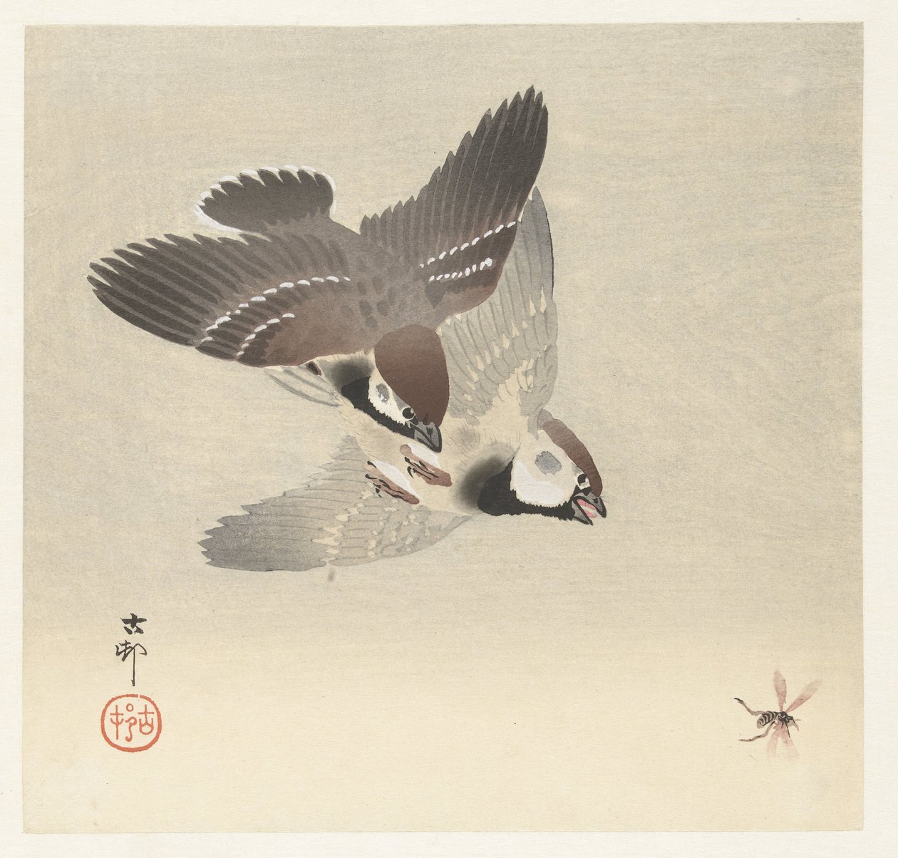 Tree Sparrows and Insect by Ohara Koson