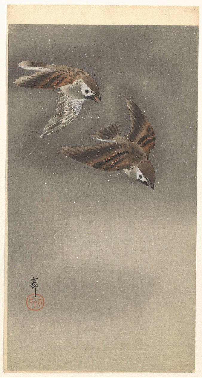 Sparrows in Snow by Ohara Koson