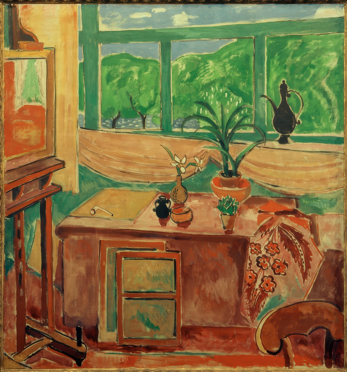 Studio Still Life with Irises and Multi-Part Window by Oskar Moll