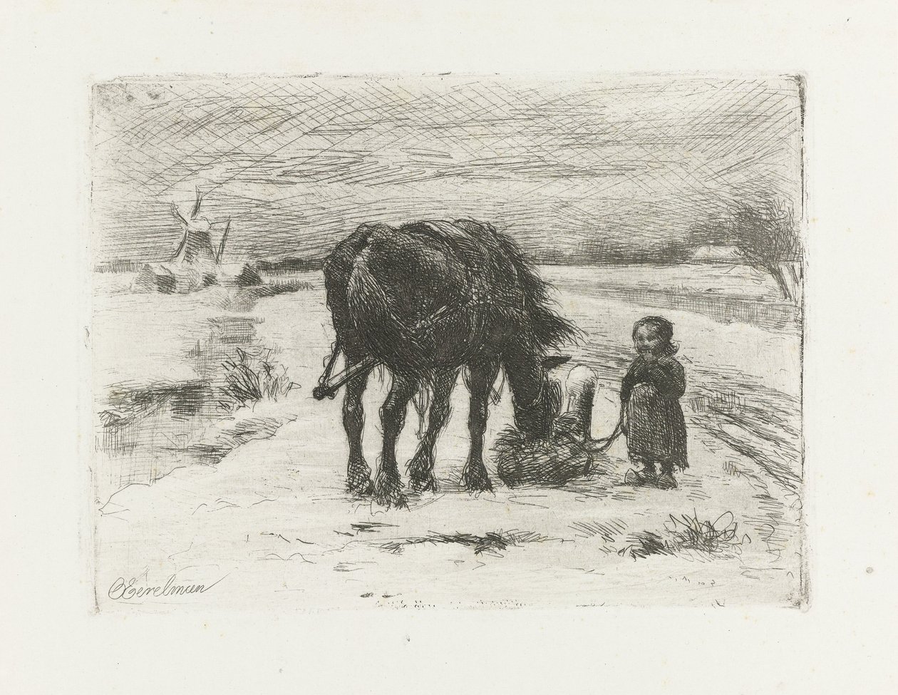 Snowy Landscape with Child and Horse by Otto Eerelman