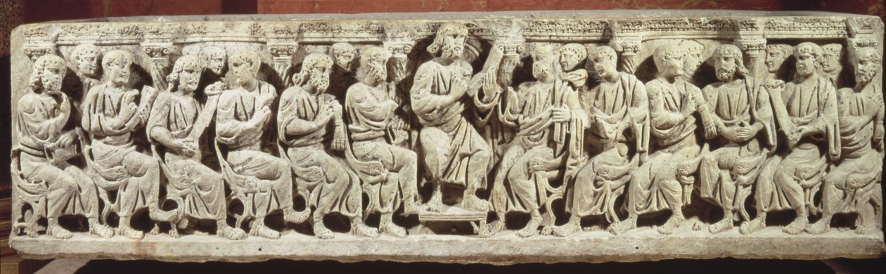 Christ seated and teaching surrounded by the Apostles, marble Christian sarcophagus, acquired from the church of Rignieux-le-Franc, end of 4th century AD by Paleo Christian
