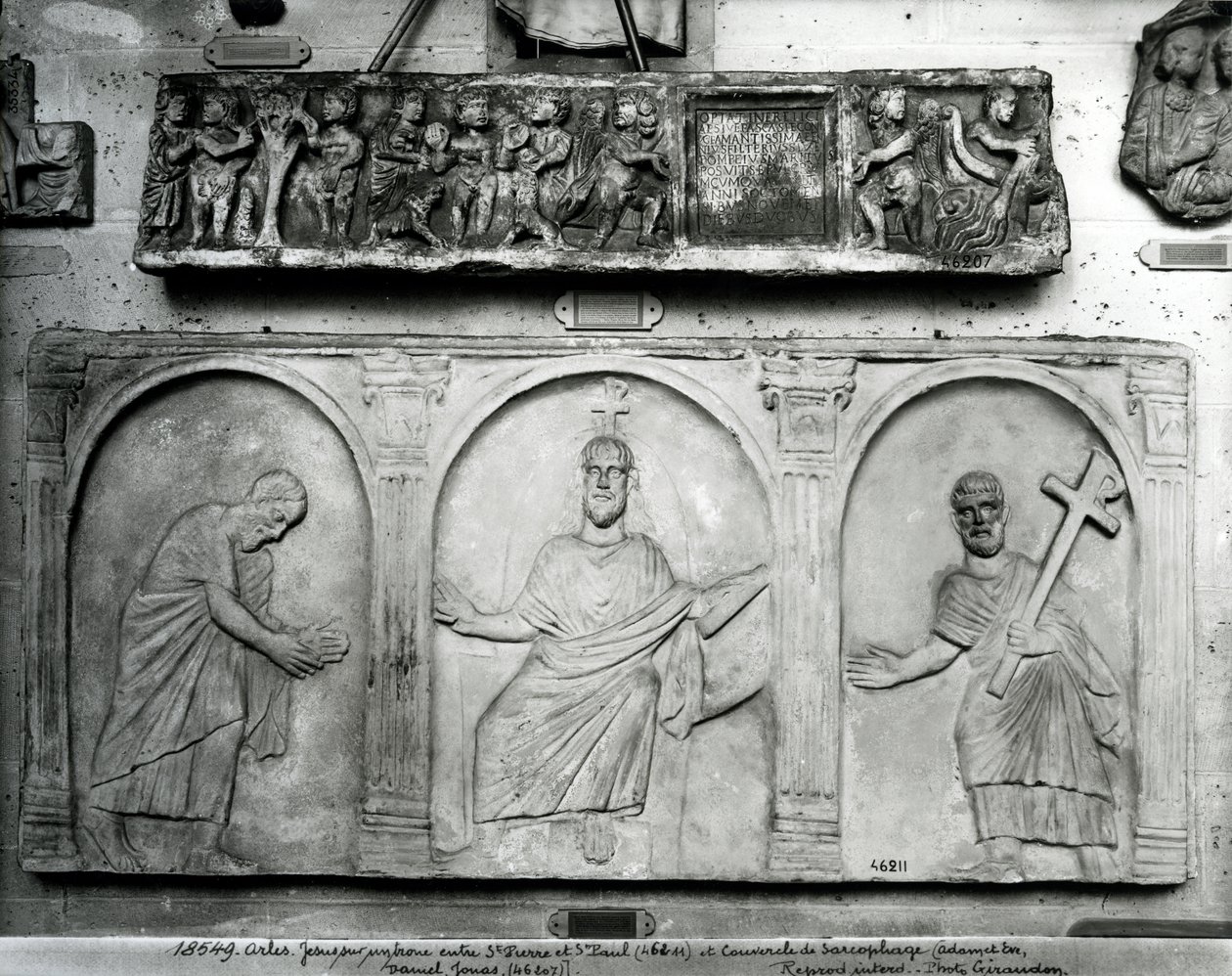 Lid of a sarcophagus depicting Adam and Eve, Daniel and Jonah; Christ Enthroned with St. Peter and St. Paul by Paleo Christian