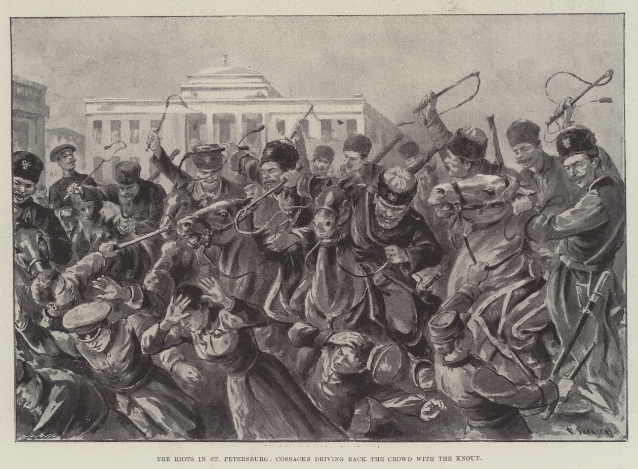 The Riots in St Petersburg, Cossacks driving back the Crowd with the Knout by Paul Frenzeny