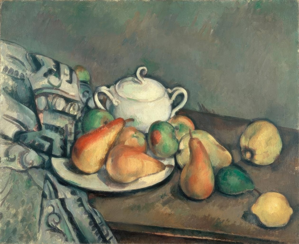 Sugar Bowl, Pears, and Carpet by Paul Cézanne